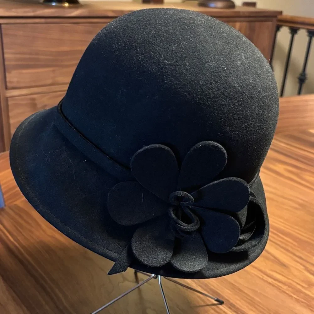 Women's Black Wool Cloche Hat with Flower Trim
